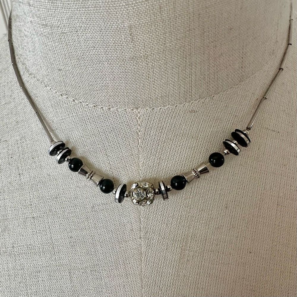 Silver tone black beaded necklace